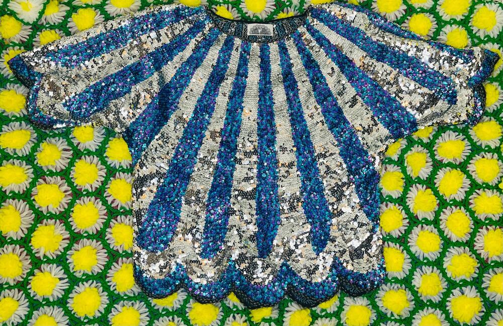 1980’s AD Clever Fingers Blue, Purple and Silver  Scalloped Sequin Top